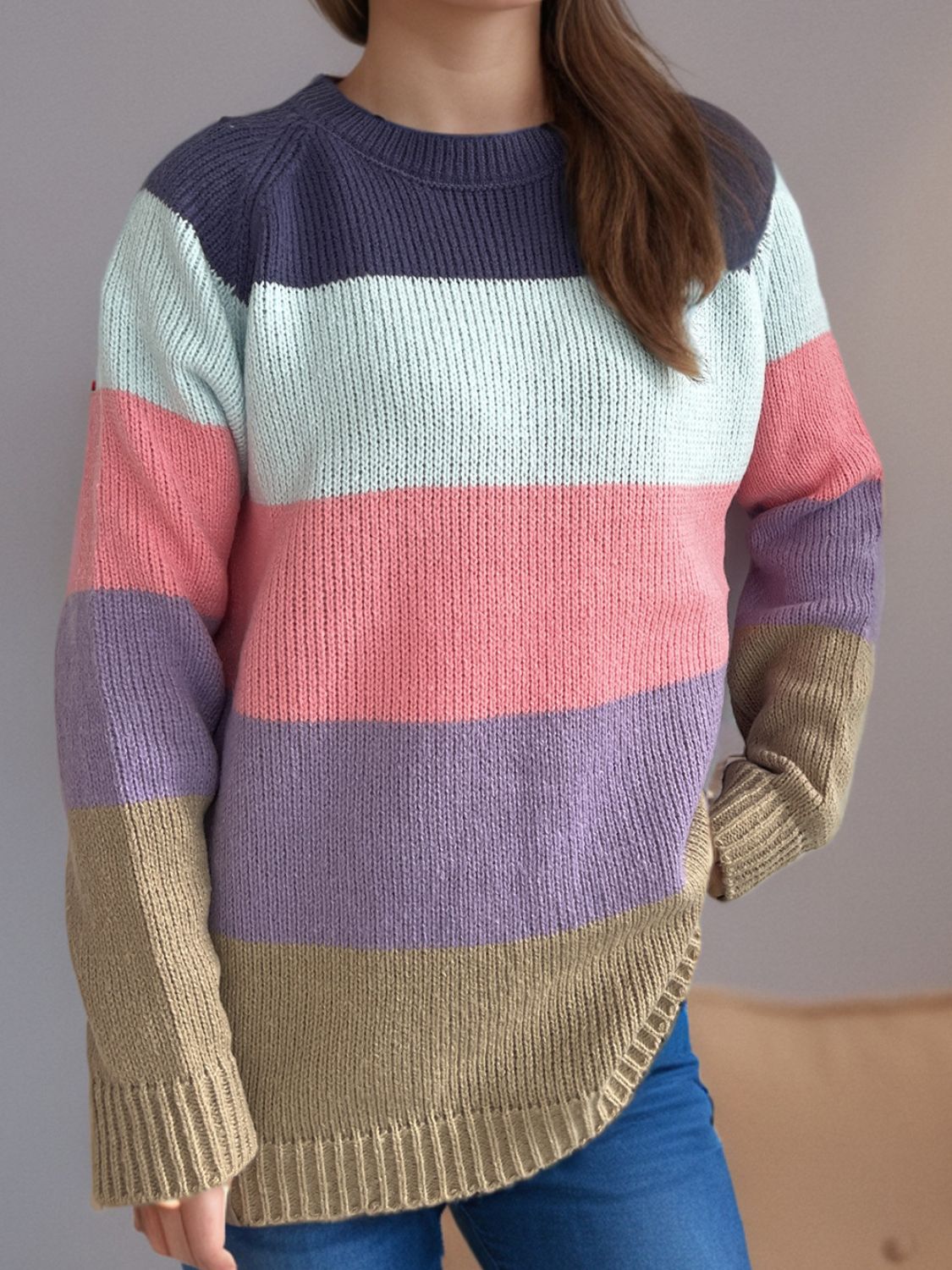 Color Block Round Neck Long Sleeve Sweater