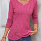 Decorative Button Round Neck Long Sleeve T-Shirt