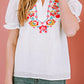 Embroidered Notched Neck Flounce Sleeve Top