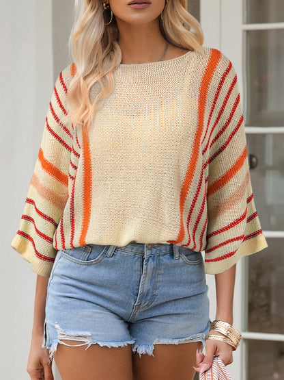 Striped Boat Neck Three-Quarter Sleeve Knit Top - Michelle Francisco