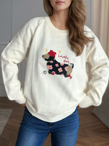 Puppy Round Neck Raglan Sleeve Sweater