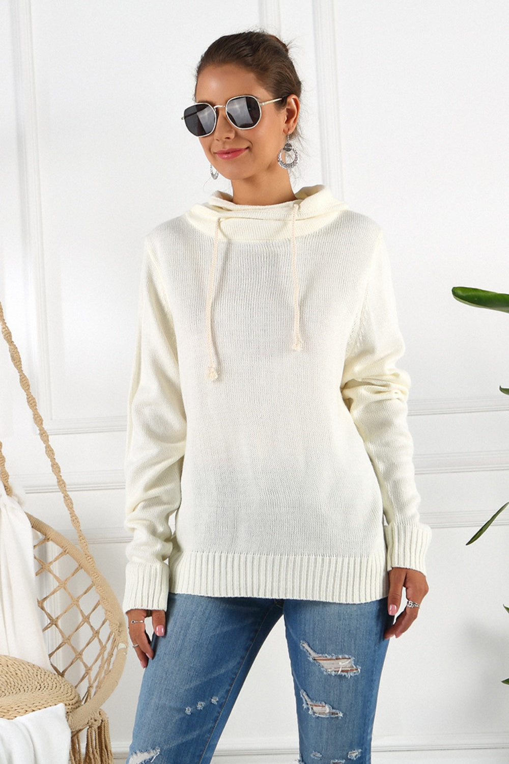 Drawstring Mock Neck Long Sleeve Sweater