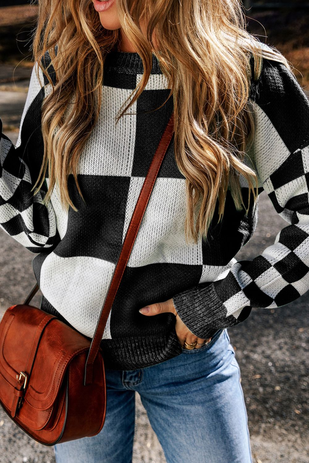 Checkered Round Neck Drop Shoulder Sweater