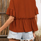 Frill Decorative Button Round Neck Half Sleeve Blouse