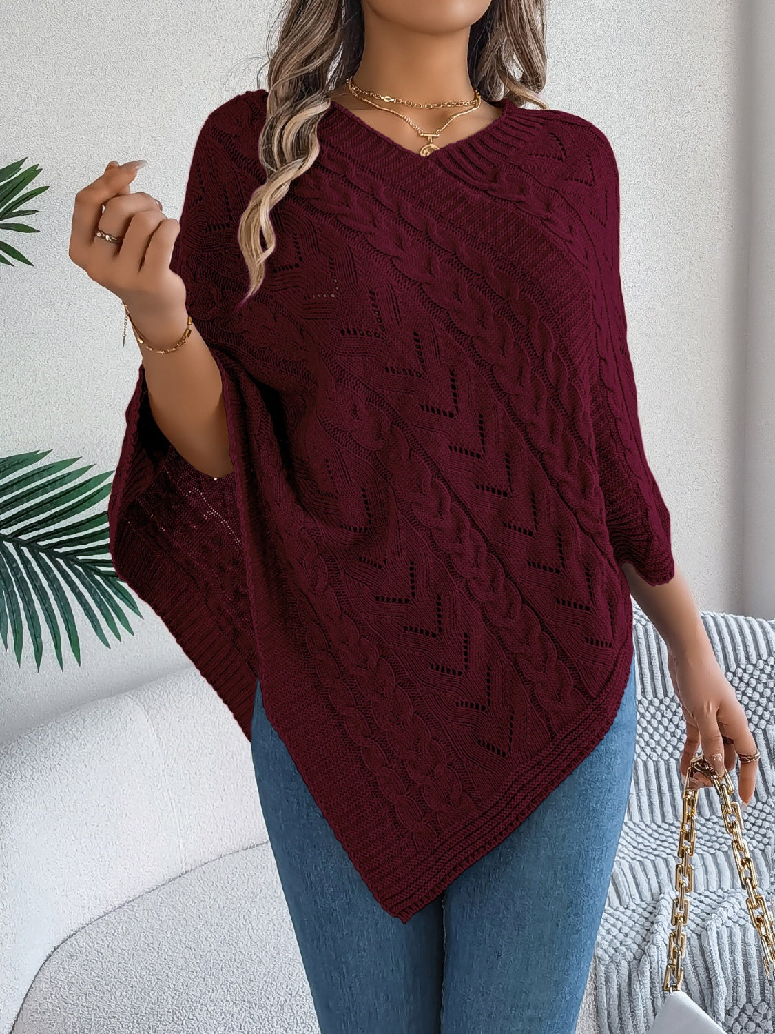 Cable-Knit Openwork Three-Quarter Sleeve Sweater