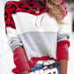 Leopard Color Block Round Neck Long Sleeve Sweater