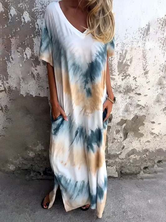 Full Size Pocketed Tie-Dye Short Sleeve Dress