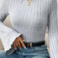 Ribbed Round Neck Flare Sleeve T-Shirt