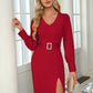 Slit V-Neck Long Sleeve Knee Length Dress