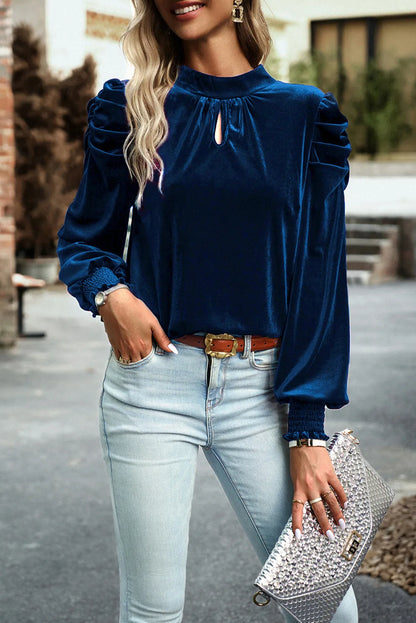 Tie Up Mock Neck Velvet Fabric Long Sleeve Blouse - Michelle Francisco