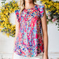 Abstract Print Ruffle Shoulder Top