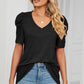 Heathered V-Neck Puff Sleeve T-Shirt