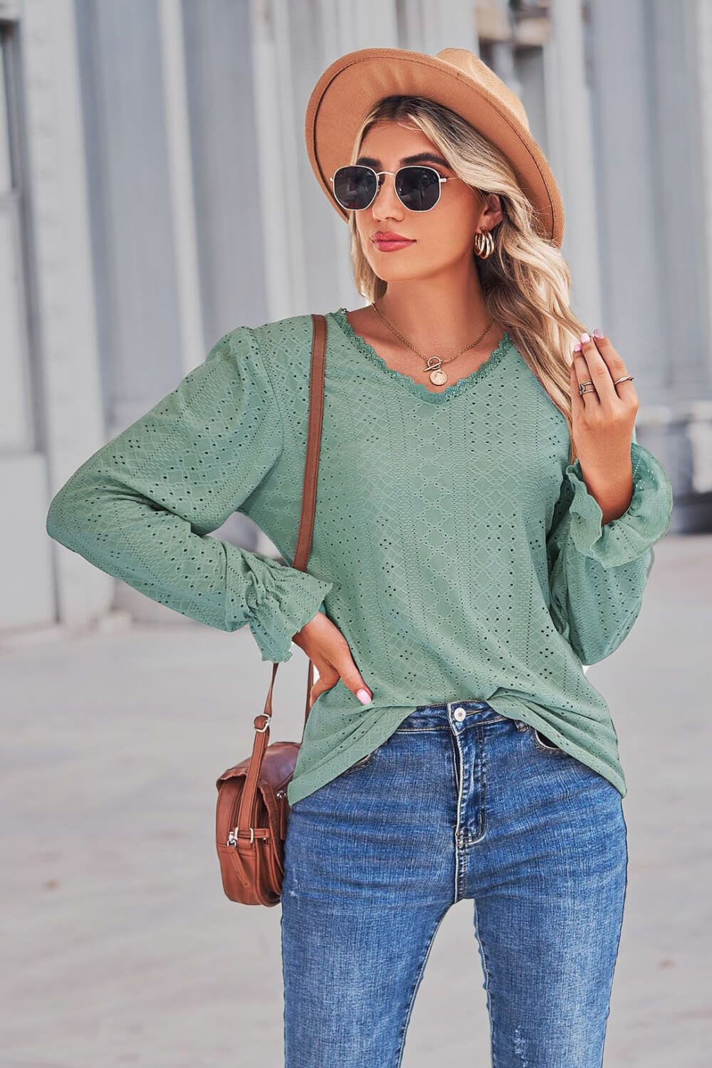 Lace Trim V-Neck Flounce Sleeve Top