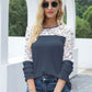 Waffle-Knit Lace Round Neck Long Sleeve T-Shirt