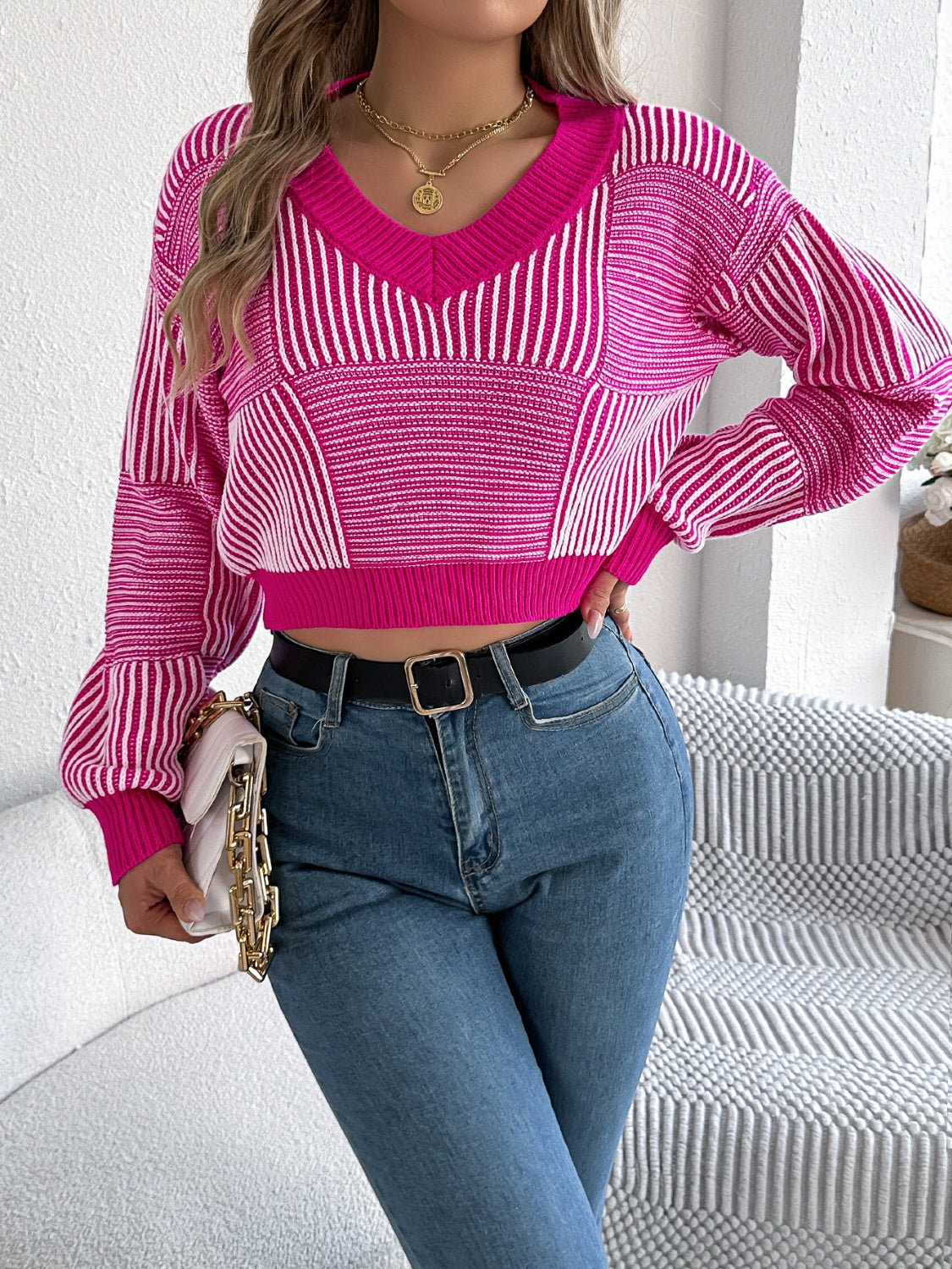 Striped V-Neck Long Sleeve Sweater