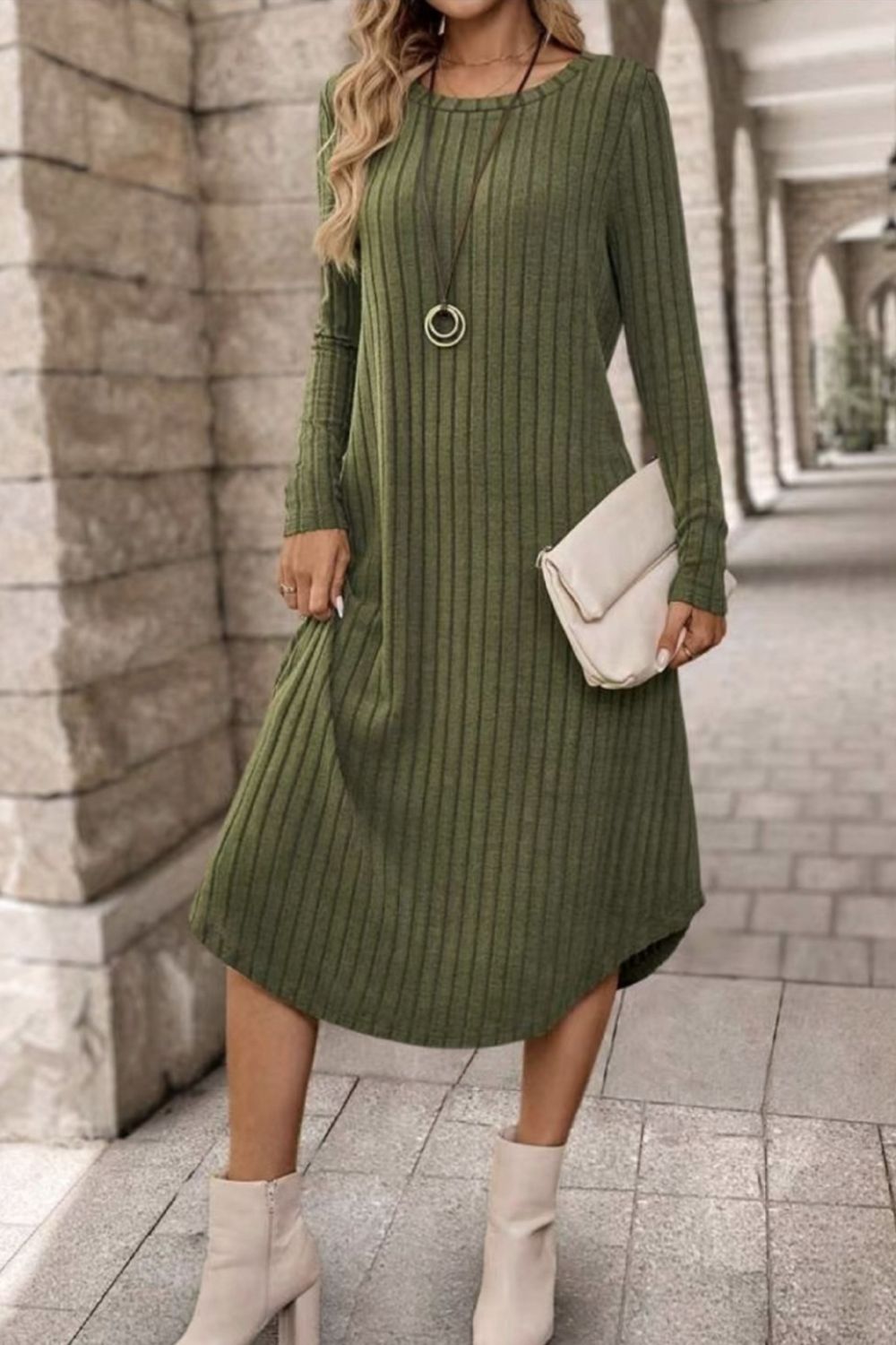 Ribbed Curved Hem Round Neck Long Sleeve Dress