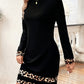 Leopard Trim Round Neck Long Sleeve Mini Dress