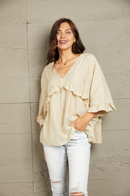 Ruffled V-Neck Half Sleeve Blouse