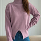 Front Slit Decorative Button Turtleneck Sweater