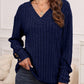 Ribbed V-Neck Long Sleeve T-Shirt