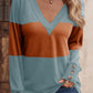 Decorative Button Contrast V-Neck Long Sleeve T-Shirt