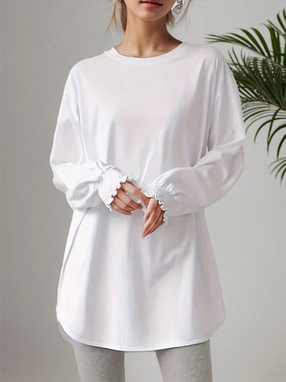 Smocked Cuff Round Neck Long Sleeve T-Shirt