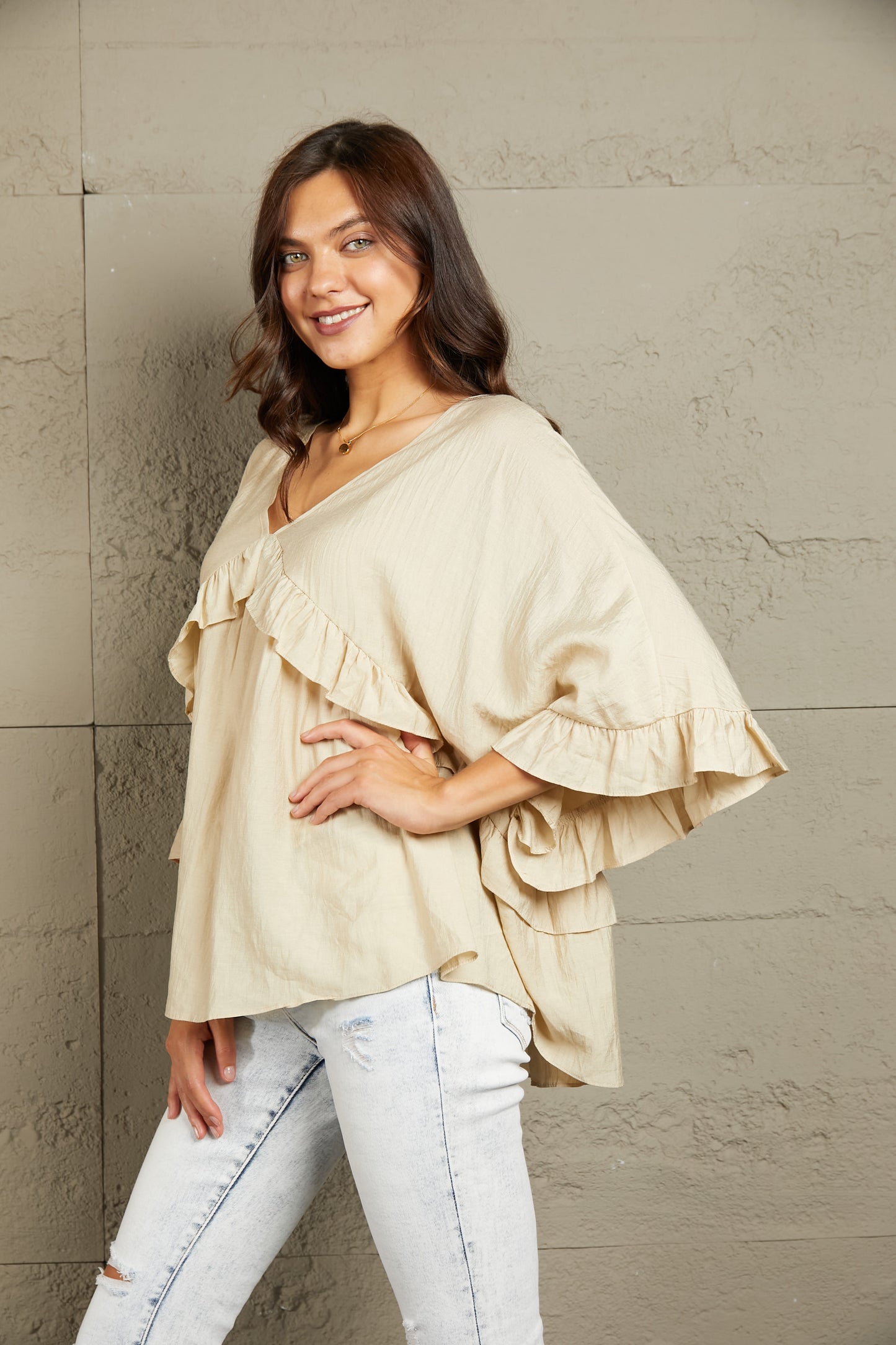 Ruffled V-Neck Half Sleeve Blouse