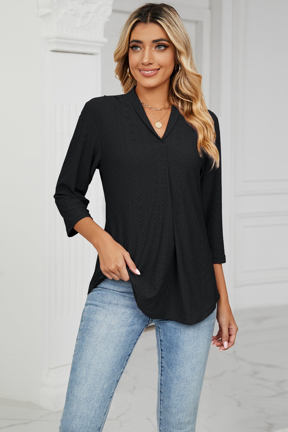 Eyelet Three-Quarter Sleeve Blouse