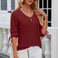 Eyelet Drawstring V-Neck Half Sleeve T-Shirt