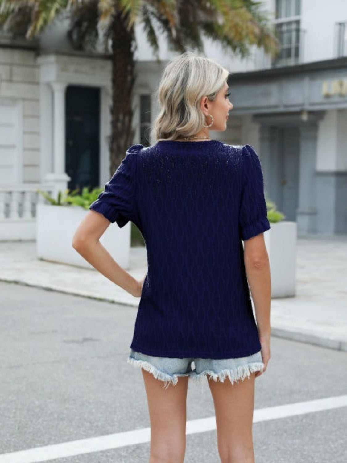 Textured Notched Short Sleeve Blouse