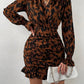 Ruched Ruffled Leopard Surplice Long Sleeve Dress