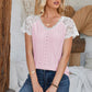 Eyelet V-Neck Lace Short Sleeve T-Shirt