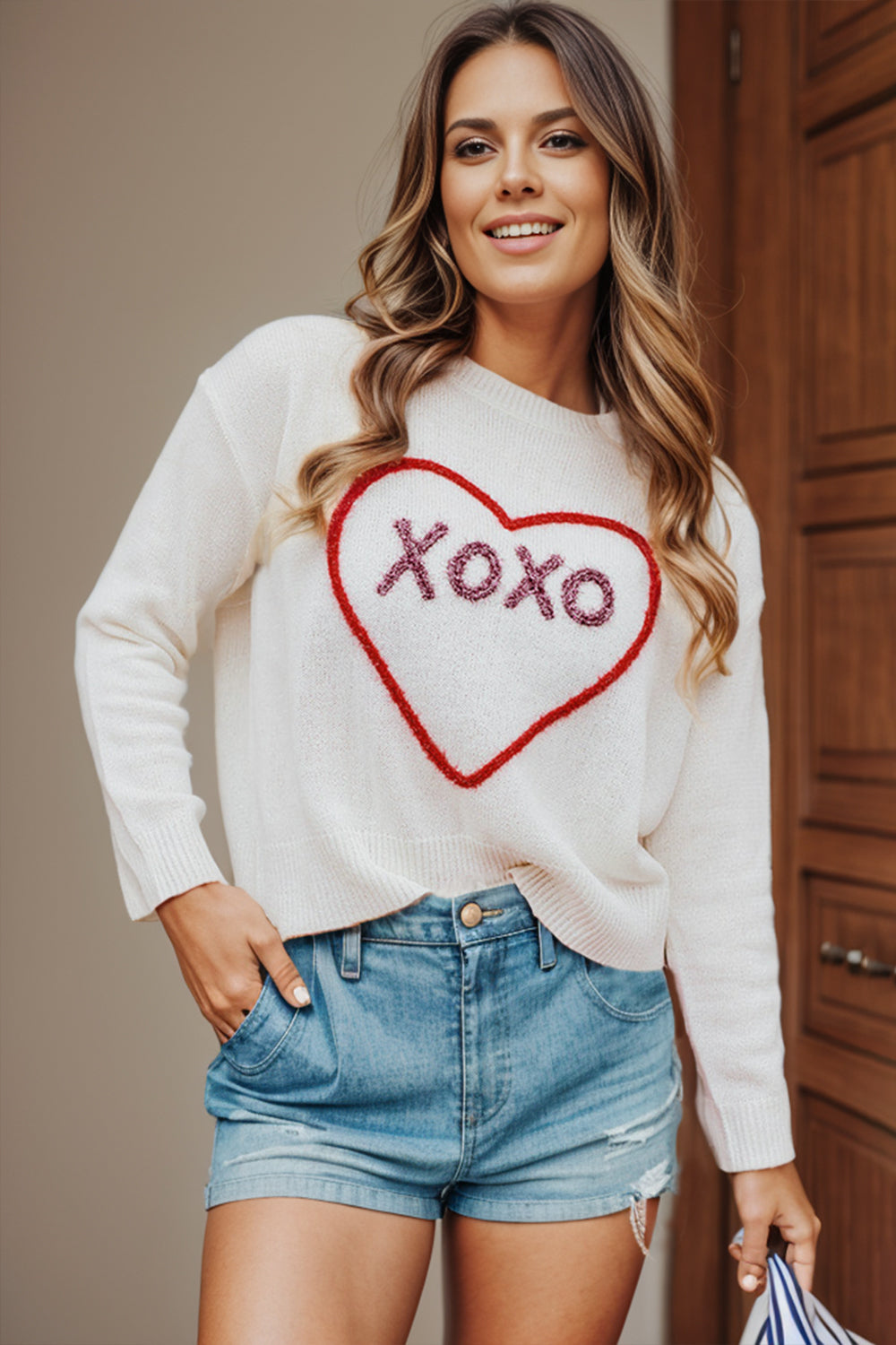 XOXO Round Neck Drop Shoulder Sweater