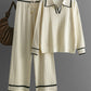 Contrast Trim Johnny Collar Top and Drawstring Pants Sweater Set