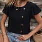 Decorative Button Round Neck Short Sleeve Blouse