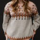 Geometric Contrast Round Neck Long Sleeve Sweater