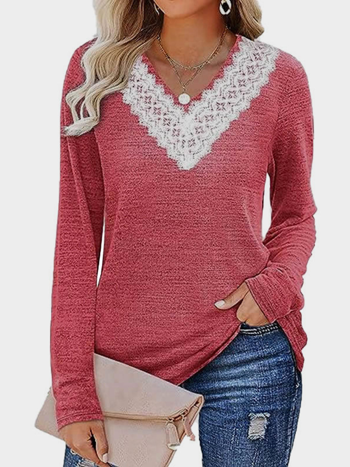 Lace Detail V-Neck Long Sleeve T-Shirt