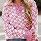 Checkered Collared Neck Long Sleeve Sweater