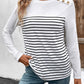 Decorative Button Striped Round Neck Long Sleeve T-Shirt