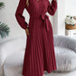 Pleated Tied V-Neck Long Sleeve Dress