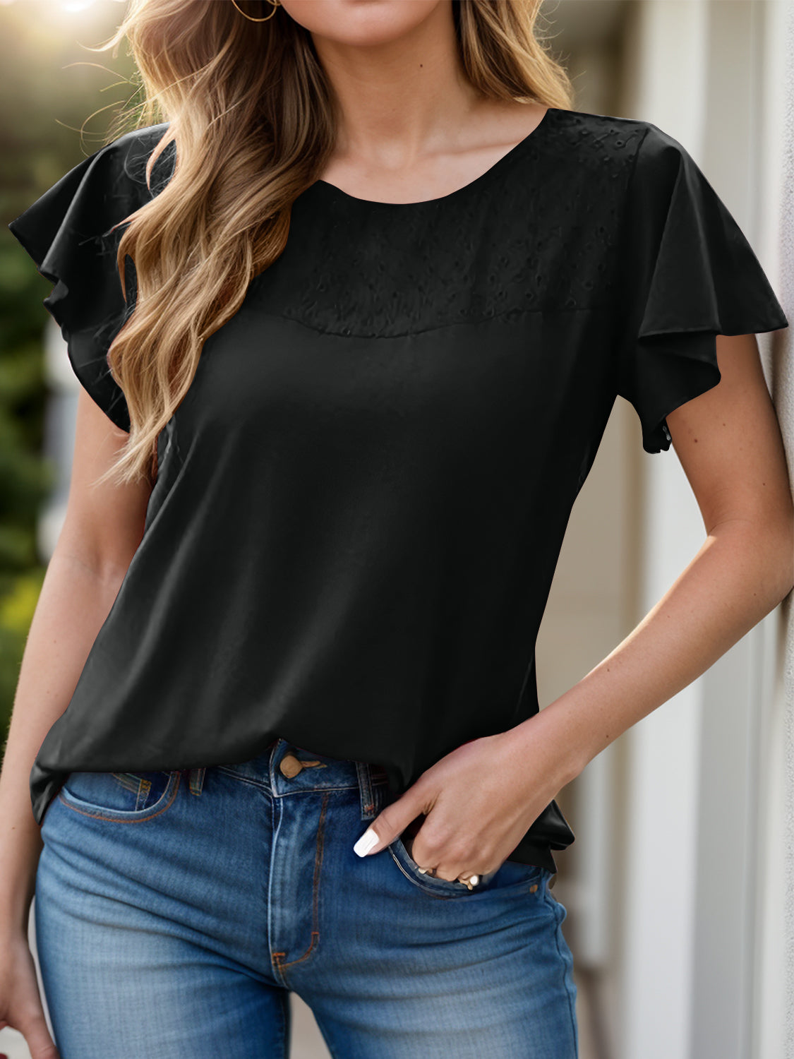 Full Size Ruffled Round Neck Short Sleeve Blouse