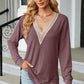 Slit V-Neck Long Sleeve T-Shirt