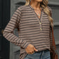 Striped Notched Long Sleeve T-Shirt