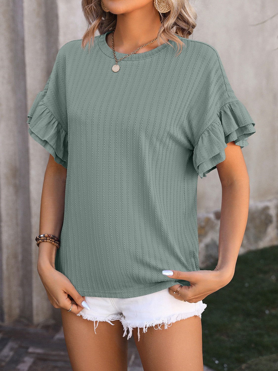 Ruffled Round Neck Short Sleeve Top