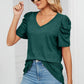 Heathered V-Neck Puff Sleeve T-Shirt