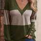 Decorative Button Contrast V-Neck Long Sleeve T-Shirt