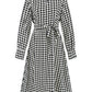 Tied Houndstooth Long Sleeve Midi Dress