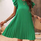 Pleated Round Neck Cap Sleeve Mini Dress