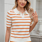 Striped Johnny Collar Short Sleeve Sweater