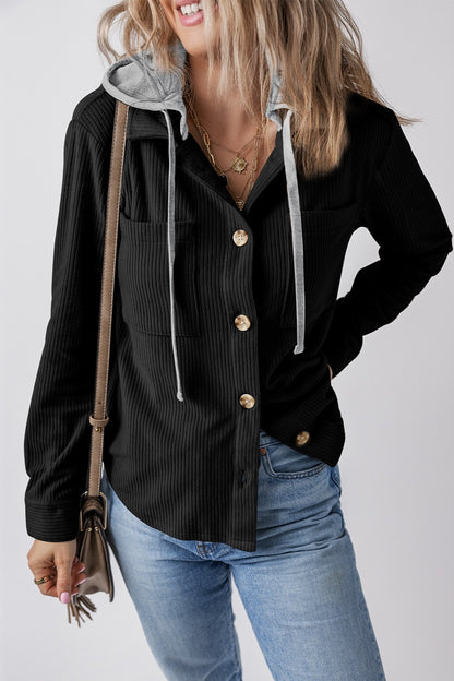 Drawstring Button Up Long Sleeve Hooded Jacket - Michelle Francisco